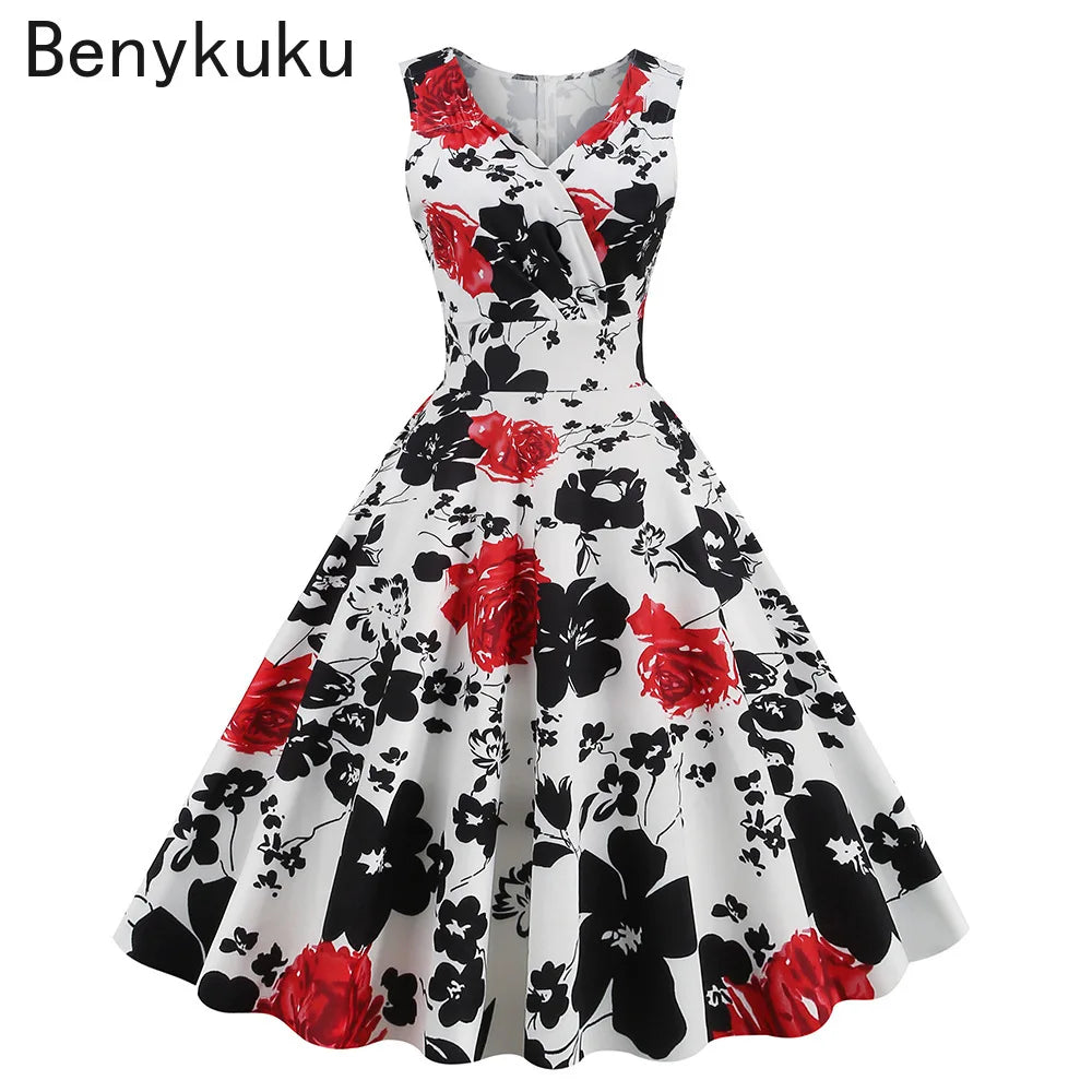 Floral Print 1950s 60s Vintage Women Dress Elegant Summer Robe Ladies Sleeveless V Neck A Line Swing Rockabilly Dresses 2025