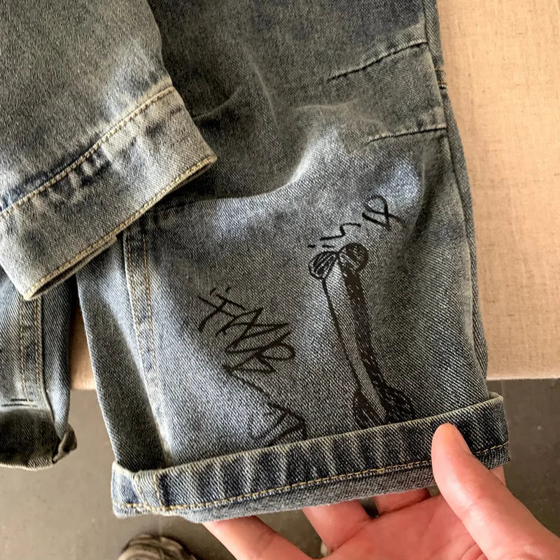 Boys Denim  Set 2025 Autumn Spring Korean Style Kids Clothes Fashion Trendy Letter Print Denim Jacket Jeans Two Piece Set