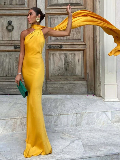 Ribbon Satin Long Party Dress Women Elegant Solid Sleeveless Female Backless Dresses 2026 Summer Autumn Lady Evening Club Gowns