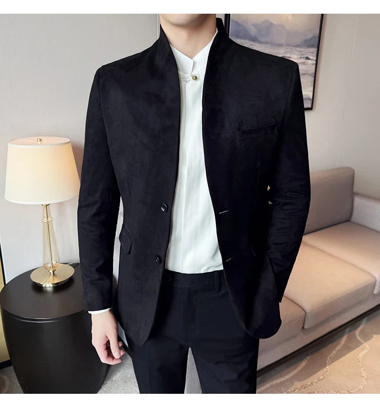 New Blazer Cowhide Velvet Korean Version Business Slim Fit Suit Stand Collar Fashionable Casual Suit Jacket Men Formal Clothing