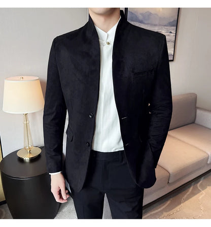 New Blazer Cowhide Velvet Korean Version Business Slim Fit Suit Stand Collar Fashionable Casual Suit Jacket Men Formal Clothing