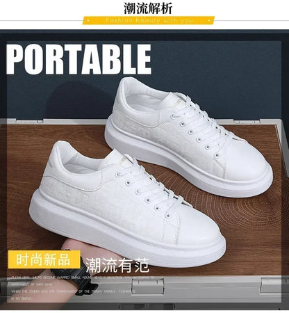 2026 Men's Casual Shoes Spring and Autumn Flat-soled Casual Leather Shoes Sports Shoes Black and White Men's Thick-soled Shoes