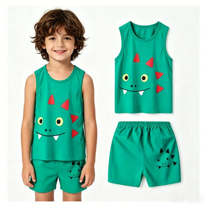 Summer Boys Clothing Sets Children's Sleeveless Cotton Clothes Kids Vest+Shorts 2pcs Boys Outfits Sportwear Cartoon Baby Sets