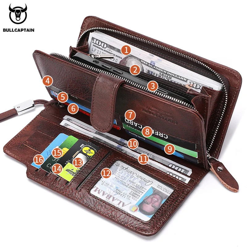 BULLCAPTAIN Men Long Wallet Clutch Bag Credit Card Holder Purses Carteras Billetera Hombre Leather Money Portfe Carte