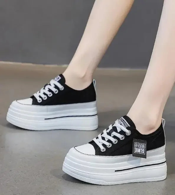 Vulcanized Platform Sneakers Wedge Shoes Non-slip Casual Shoes Women 2025 Autumn Lace-up Comfort Denim Canvas Shoes Thick Sole