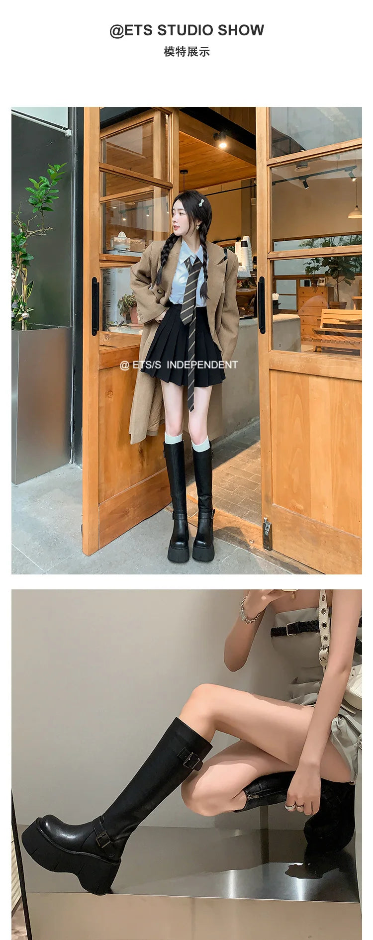 2024 Women's Shoes Basic Women's Boots Classics Knee-High Boots Women Belt Buckle Side Zip Round Toe Wedge Platform Shoes Ladies