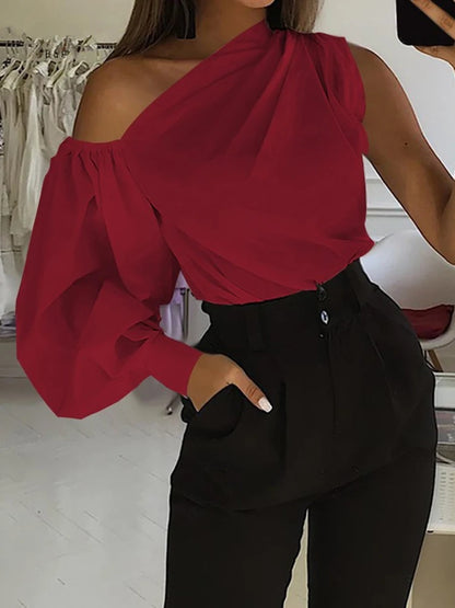 Elegant Blouses Women 2023 Summer Off Shoulder Blusas Female Fashion Lantern Long Sleeve Shirts One Shoulder Tops S-5XL