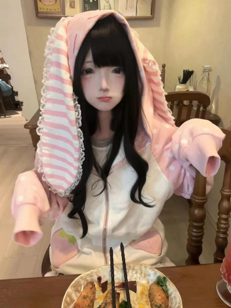 Aoaiiys Japanese Hoodies Women Kawaii Rabbit's Ears Loose Outerwear Strawberry Dot Print Aesthetic Sweatshirt Autumn Winter New