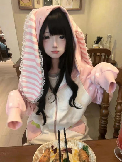 Aoaiiys Japanese Hoodies Women Kawaii Rabbit's Ears Loose Outerwear Strawberry Dot Print Aesthetic Sweatshirt Autumn Winter New