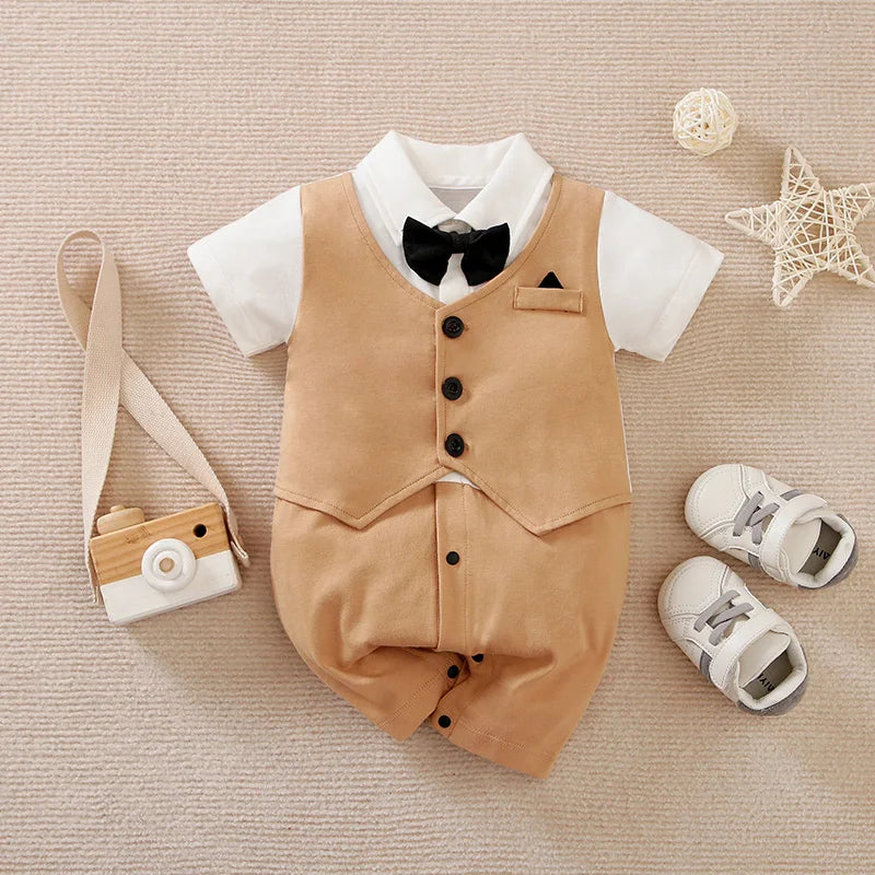 Newborn baby summer gentleman's short-sleeved cotton soft and comfortable one-piece suit Newborn baby summer gentleman's short-s