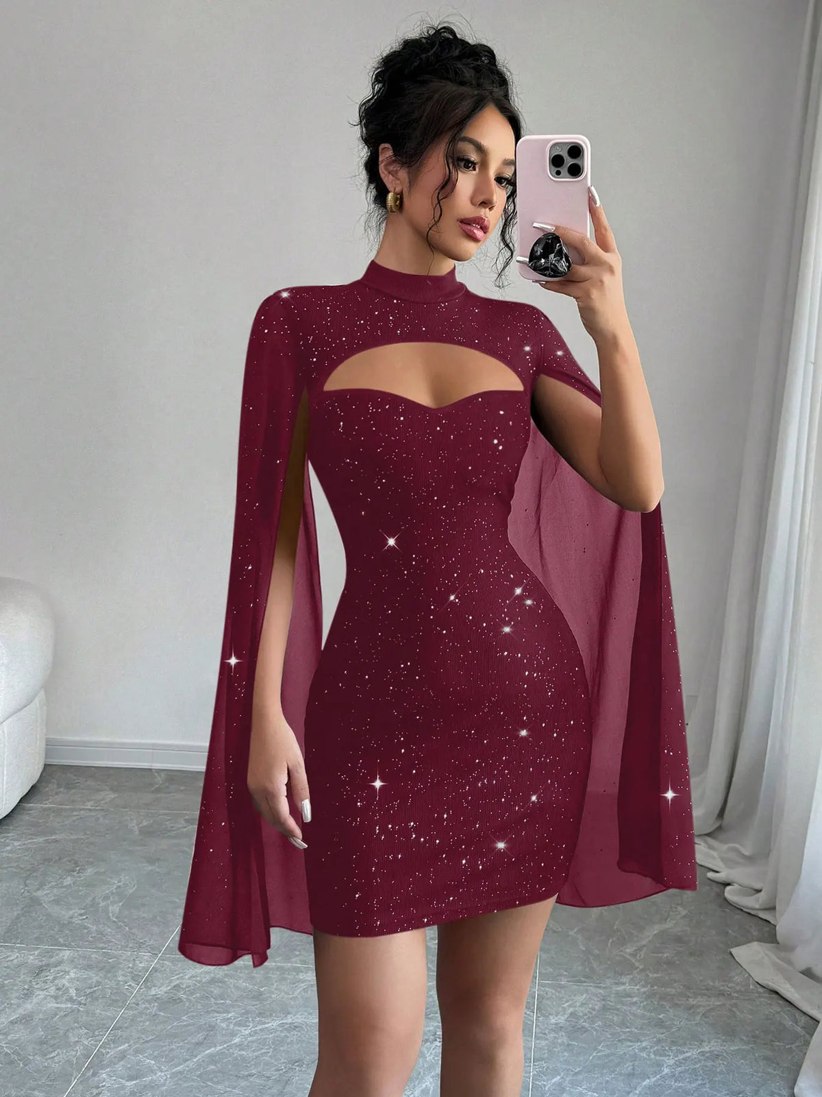 Sexy Women's Stand Collar Cape Mini Dress Sequins Sparkling Club Party Night Out Fitted Bodycon Elegant Autumn Winter