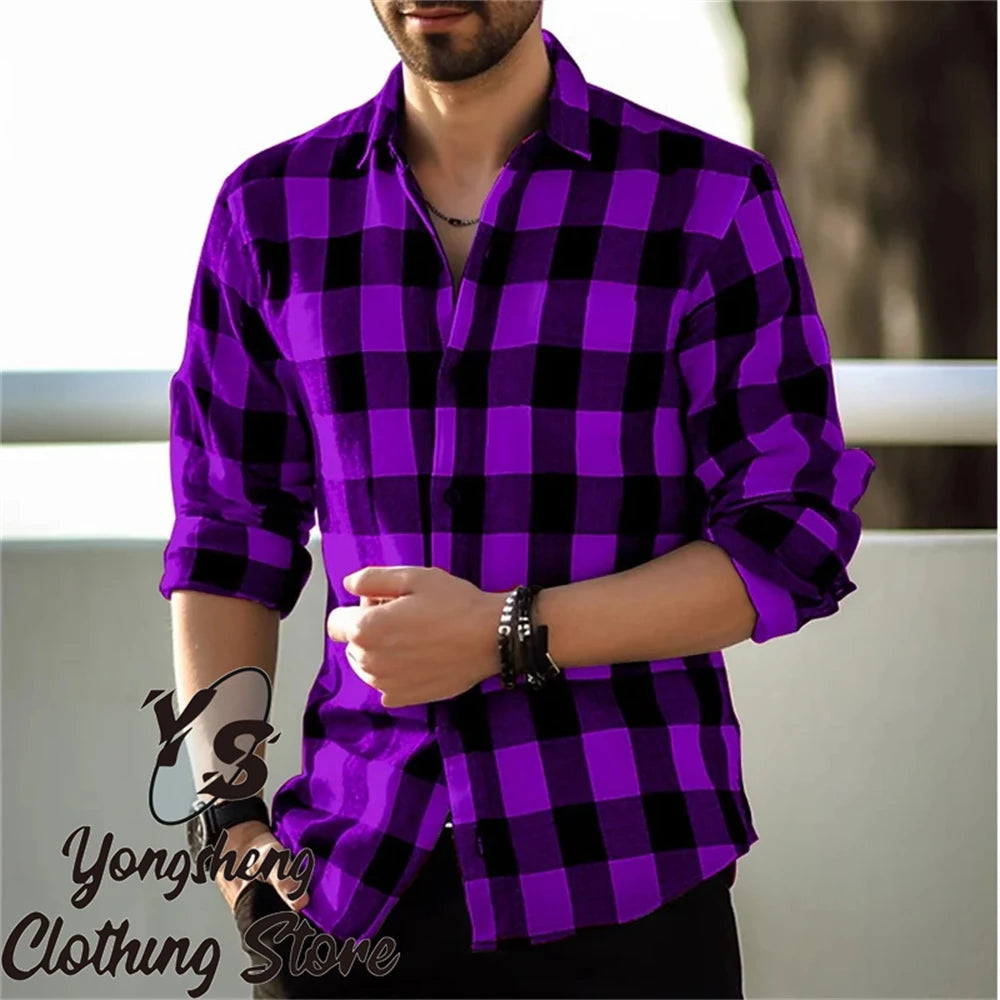 Men's long-sleeved shirt printed shirt plaid casual comfortable handsome commuter large size men's clothing XS-6XL