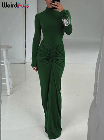 Weird Puss Hipster Ruched Dress Women O-Neck Full Sleeve Skinny Stretch Robe Autumn Trend Simple Classic Pleats Long Bodycon