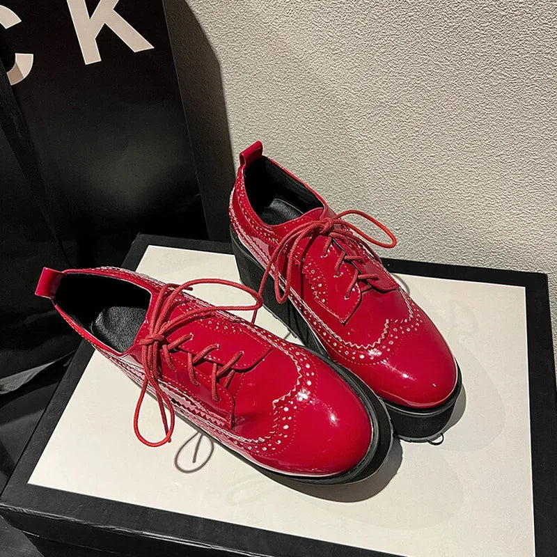 Ochanmeb Big Size 48 Women Patent Leather Brogues High Heels Derby Shoes Platforms Laser Cutout Oxfords Fashion Ladies Pumps Red