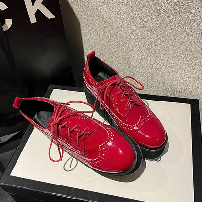 Ochanmeb Big Size 48 Women Patent Leather Brogues High Heels Derby Shoes Platforms Laser Cutout Oxfords Fashion Ladies Pumps Red