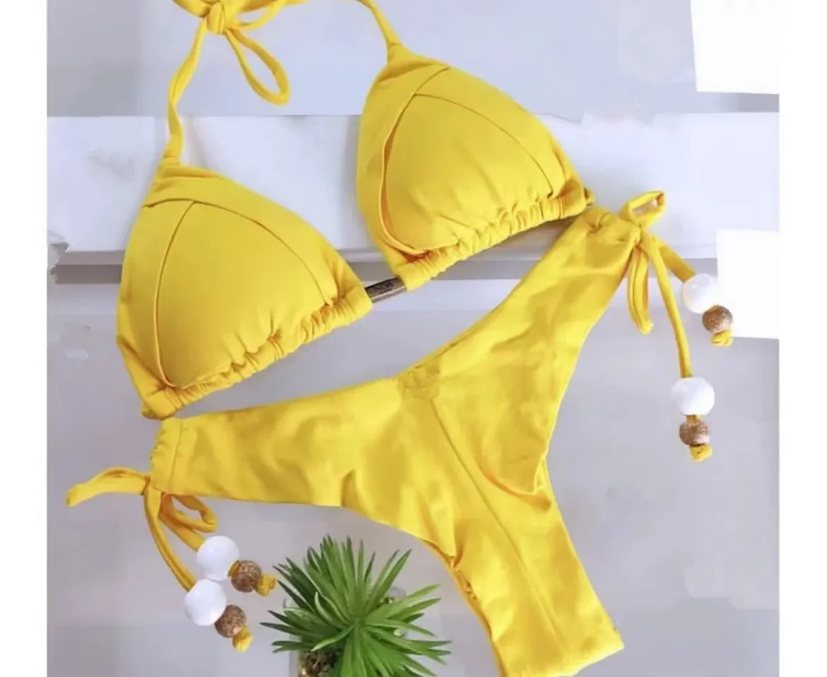 2024 sexy women bikini, brazilian triangle bikini, push-up swimsuit, metal chain beach bikini