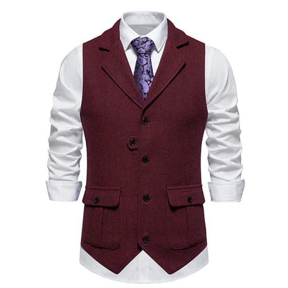New Men's Retro Lapel Vest Herringbone Coarse Tweed Pockets Suit Vest British Casual Vintage Gentleman Leisure Party Bar Banquet