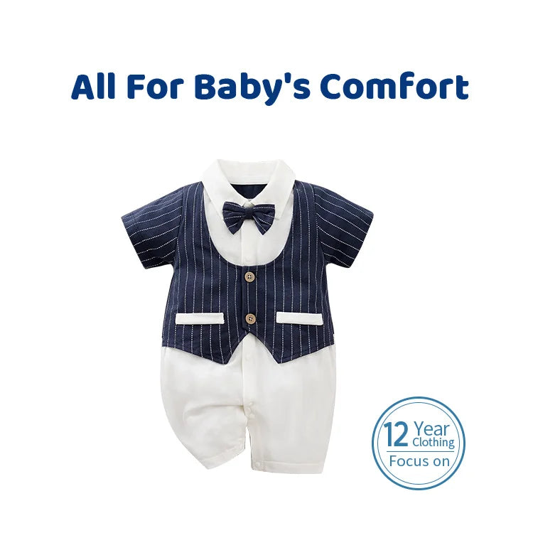Newborn baby summer gentleman's short-sleeved cotton soft and comfortable one-piece suit Newborn baby summer gentleman's short-s