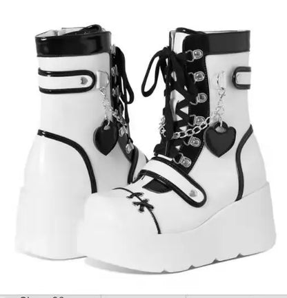 New Gothic Platform Shoes Women's Boots Vampire Role Play Womens Mid-calf Boots Lace Up Wedges Punk Style Botines Para Mujeres