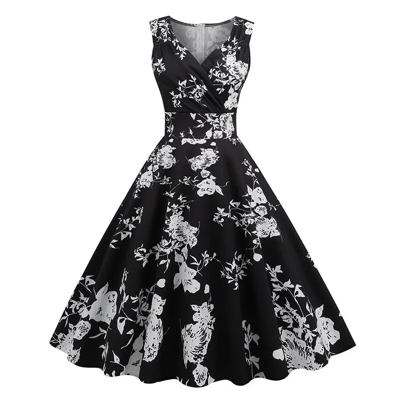Floral Print 1950s 60s Vintage Women Dress Elegant Summer Robe Ladies Sleeveless V Neck A Line Swing Rockabilly Dresses 2025