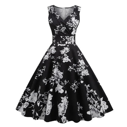 Floral Print 1950s 60s Vintage Women Dress Elegant Summer Robe Ladies Sleeveless V Neck A Line Swing Rockabilly Dresses 2025