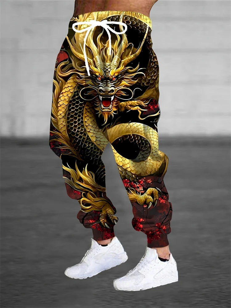 New Men's 3D Dragon Print Jogging Drawstring Pocket Casual Sportswear Pants Fashionable Men's Loose And Elastic Casual Pants