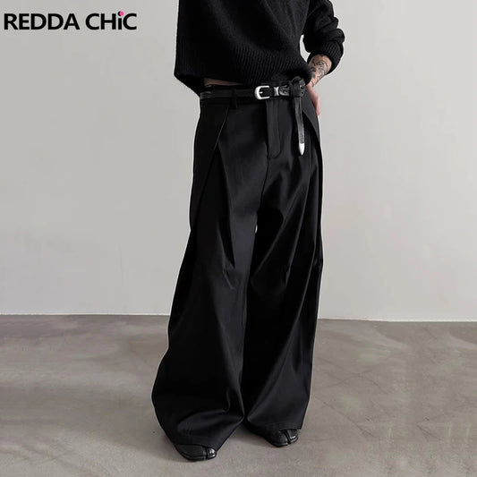 REDDACHiC Men's Pleated Front Wide Leg Pants Cleanfit Black Solid Low Waist Dressy Trousers Unisex Office Work Casual Clothes