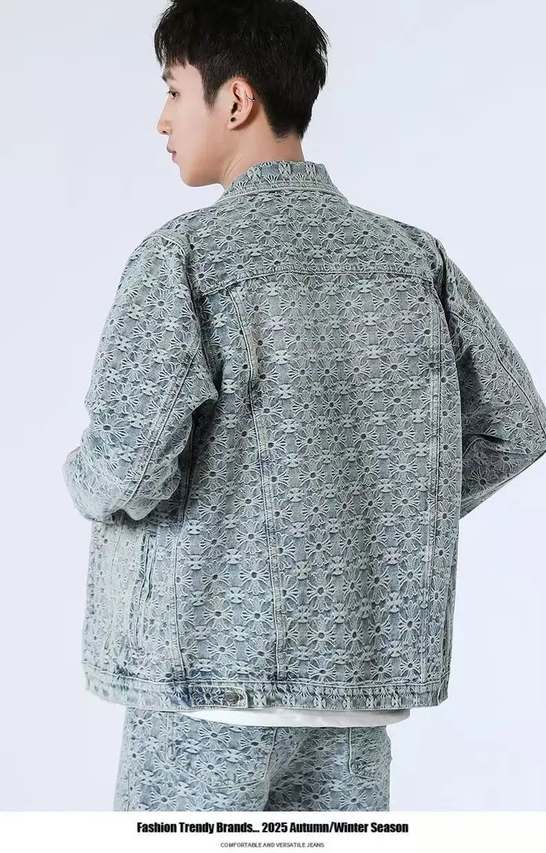 High Street Denim Sets Men's Jacquard Ragged Loose Casual Retro Washed Denim Shirt Style Jacket Jeans Pants