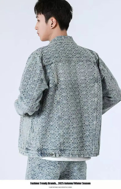 High Street Denim Sets Men's Jacquard Ragged Loose Casual Retro Washed Denim Shirt Style Jacket Jeans Pants