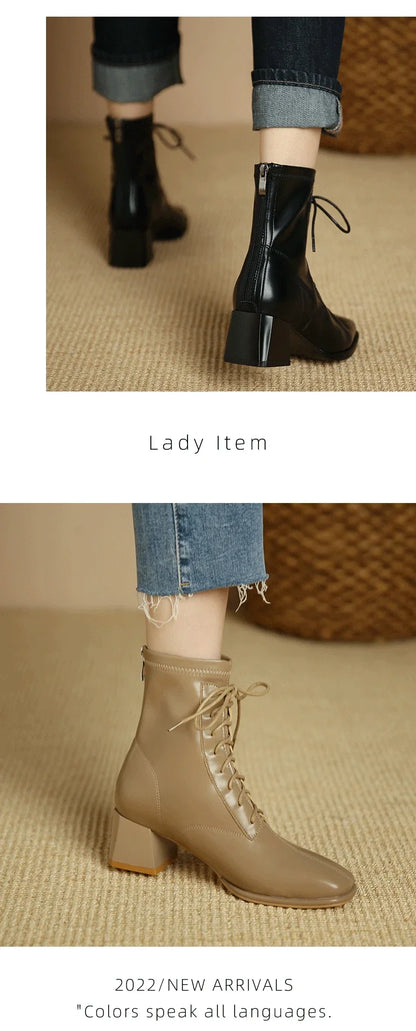 Winter High Heel Women's Ankle Boots  Fashion Lace Up Short Boots Women's Thick High Heel Side Zipper Botas De Mujer 2024