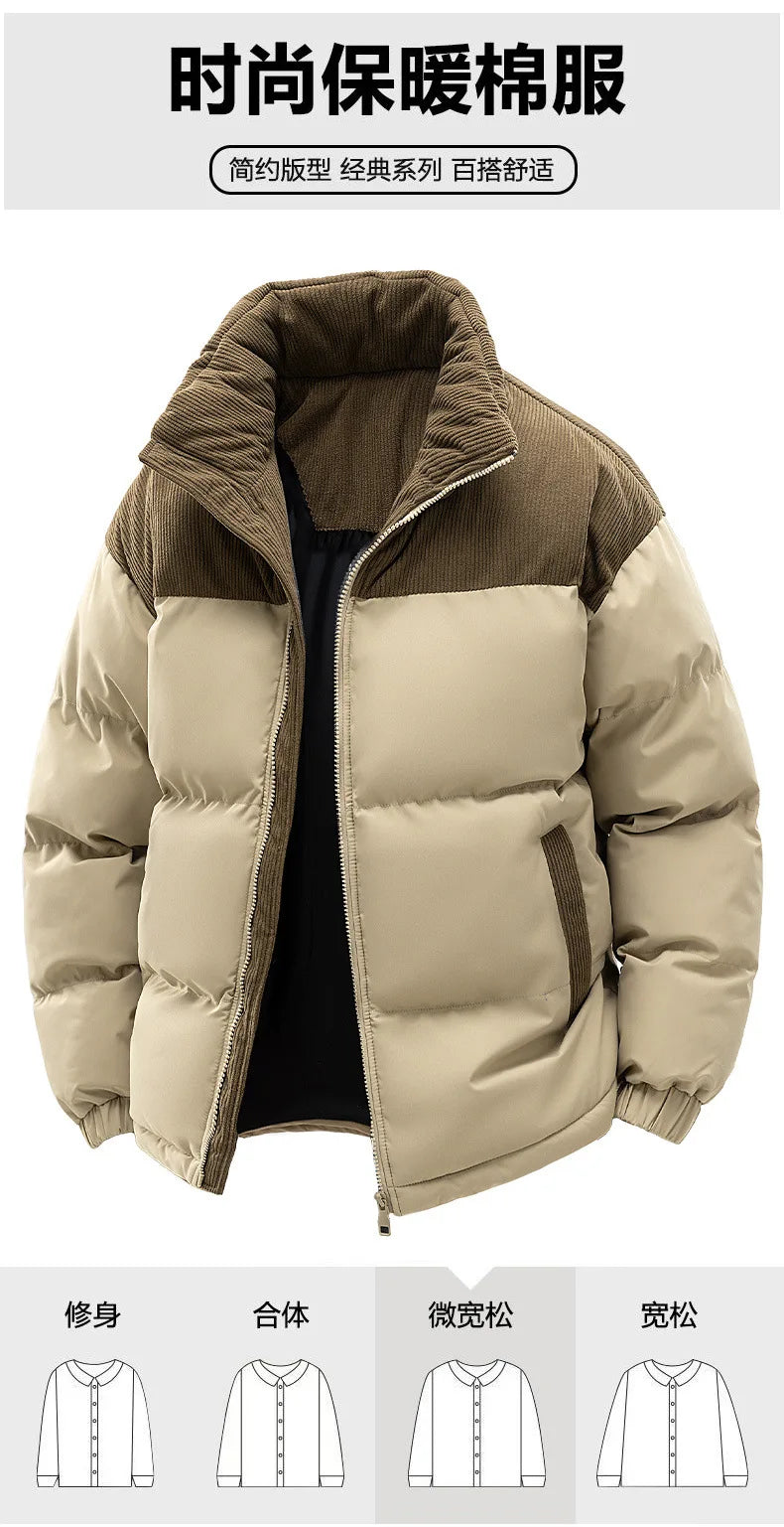Men's New Winter Cotton Jacket: Fleece-Lined, Thickened for Warmth, with Removable Hood and Stand-Up Collar for Cold Resistance