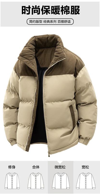 Men's New Winter Cotton Jacket: Fleece-Lined, Thickened for Warmth, with Removable Hood and Stand-Up Collar for Cold Resistance