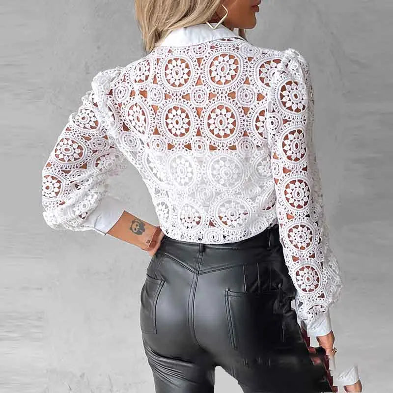 blusas elegantes para mujer 2025 Women White Lace Shirt, Unlined Long Sleeved Shirt, Fashionable Hollowed Out Vintage Top