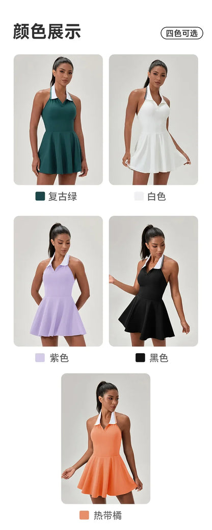 Summer Dress Vest Deep V Hanging Neck Sexy Dress for Women Contrasting Color Lapel Golf Skirt Outdoor Sports Gym Running