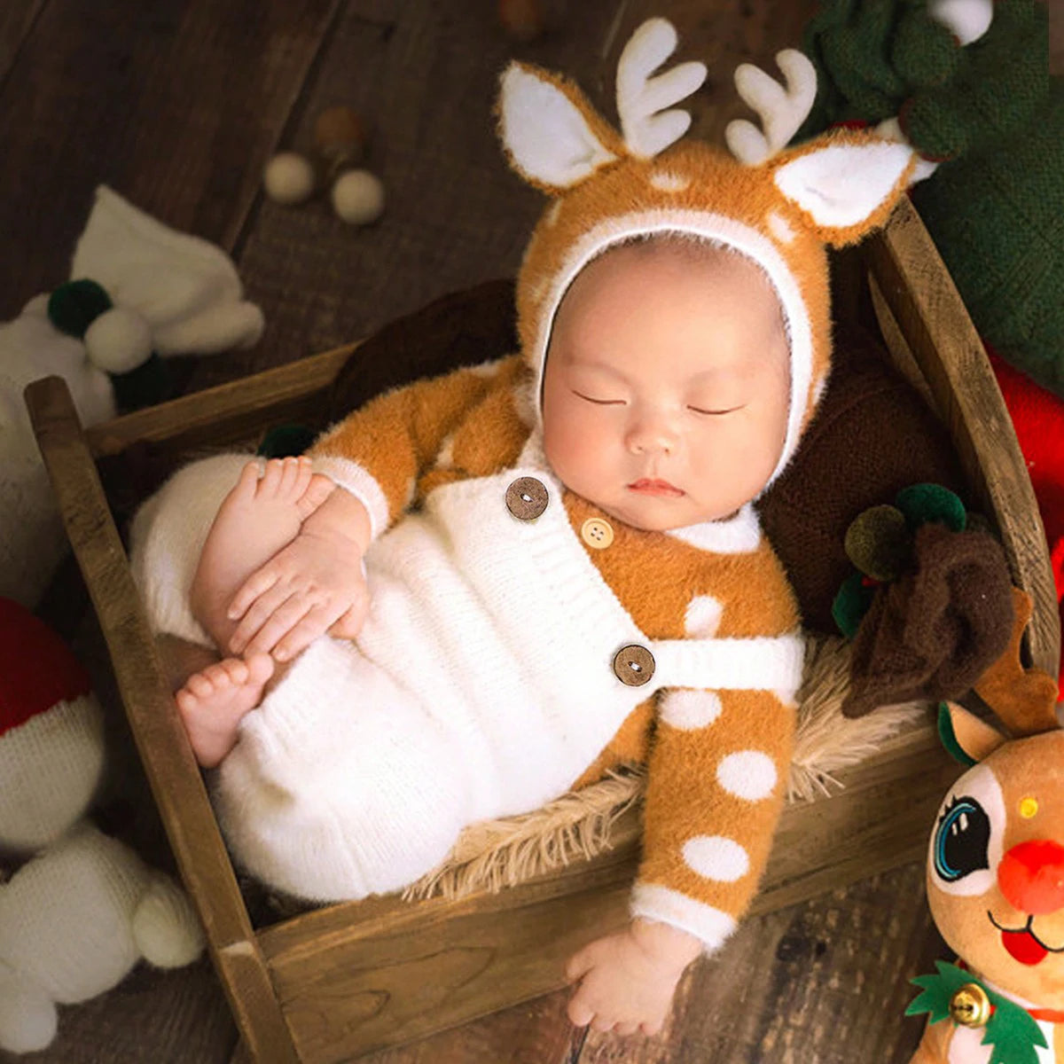 Ylsteed Newborn Baby Outfit for Photo Shooting Knitted Infant Suspender Pants Tops Antler Hat Baby Photography Props