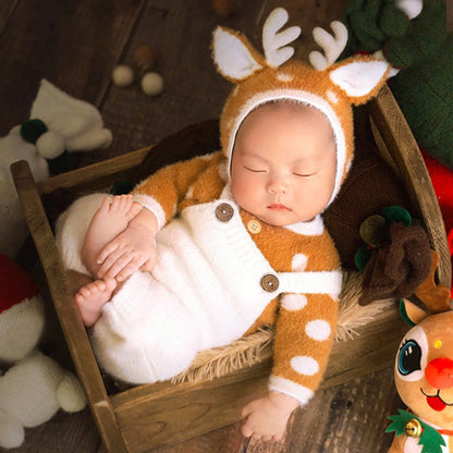 Ylsteed Newborn Baby Outfit for Photo Shooting Knitted Infant Suspender Pants Tops Antler Hat Baby Photography Props
