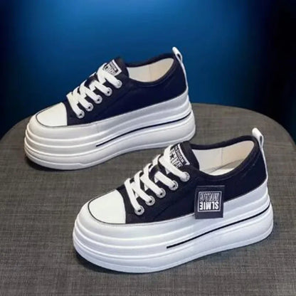 Vulcanized Platform Sneakers Wedge Shoes Non-slip Casual Shoes Women 2025 Autumn Lace-up Comfort Denim Canvas Shoes Thick Sole