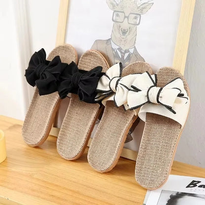 Women Summer Casual Slides Comfortable Flax Slippers Striped Bow Linen Flip Flops Platform Sandals Ladies Indoor Shoes  slippers