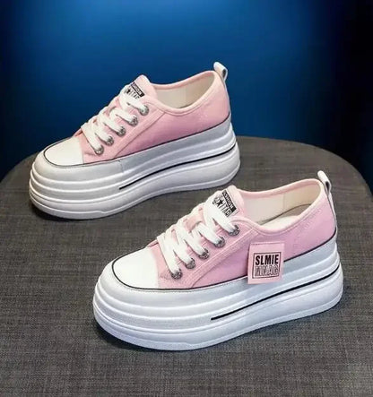Vulcanized Platform Sneakers Wedge Shoes Non-slip Casual Shoes Women 2025 Autumn Lace-up Comfort Denim Canvas Shoes Thick Sole