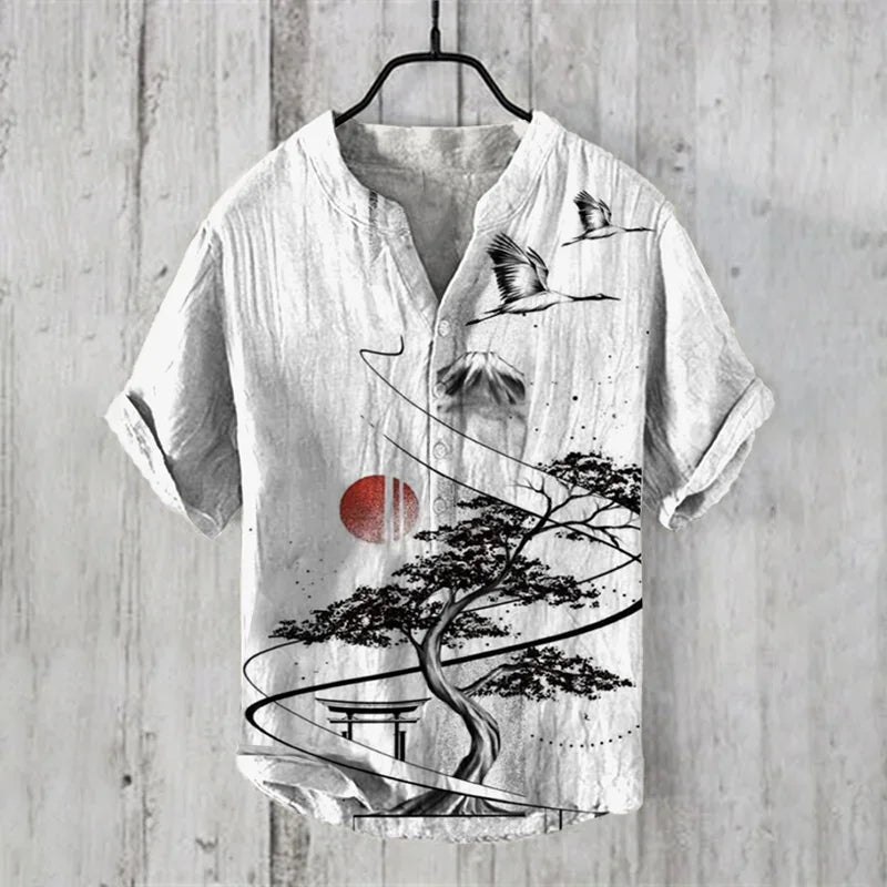Men's linen short sleeved shirt, summer Chinese retro casual shirt