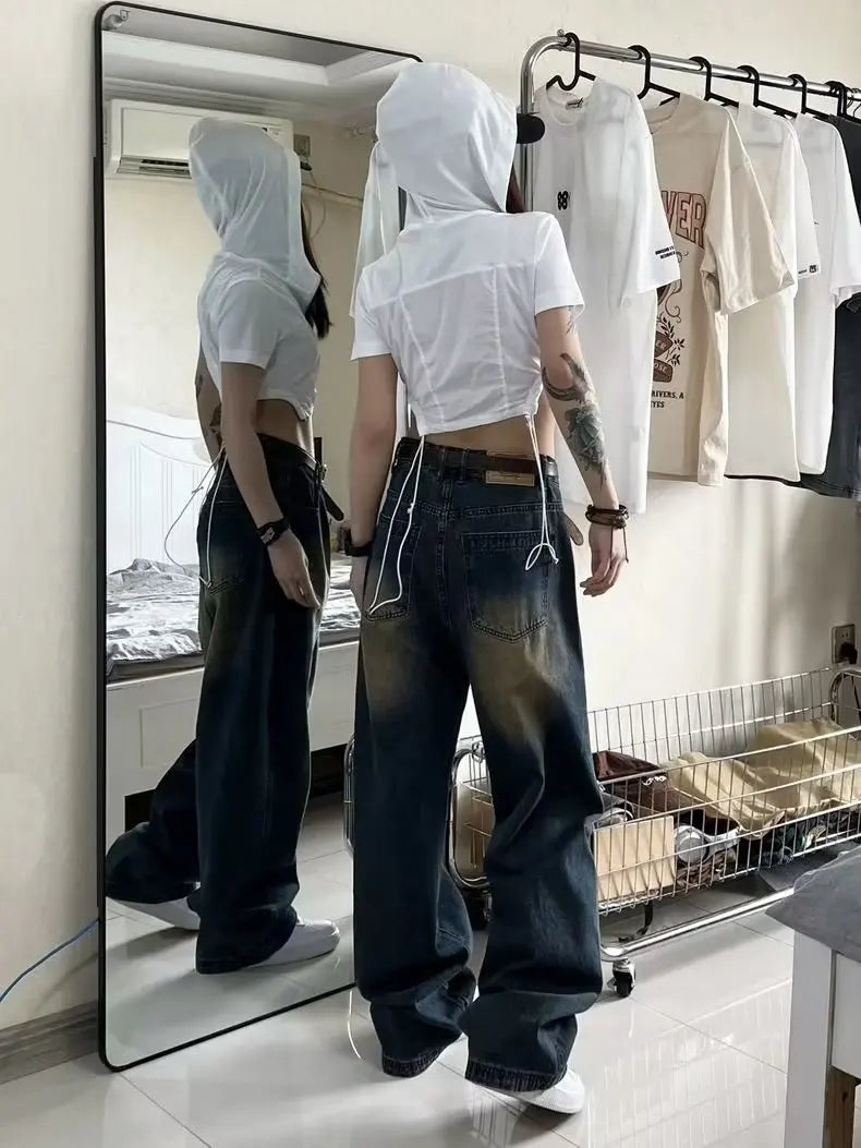 Women Jeans Distressed Full Length Wide Leg Denim Pants Spliced Zipper Fly Vintage Jean Pockets High Street Loose Fit Washed