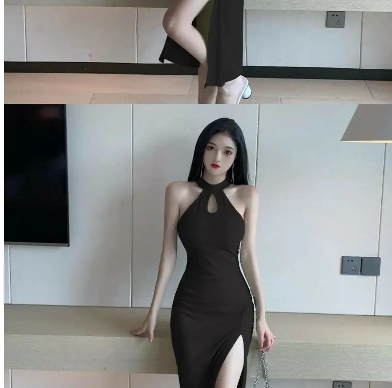 Vintage French Dress for Women Sleeveless Halter High Waist Slit Long Dresses Summer New Chic Temperament Vestidos