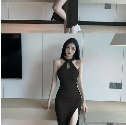 Vintage French Dress for Women Sleeveless Halter High Waist Slit Long Dresses Summer New Chic Temperament Vestidos