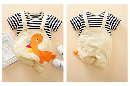 Summer Boys and Girls Cartoon Dinosaur Embroidery 3D Design Strap Splice All Cotton Short Sleeve Baby Clothing Bodysuit