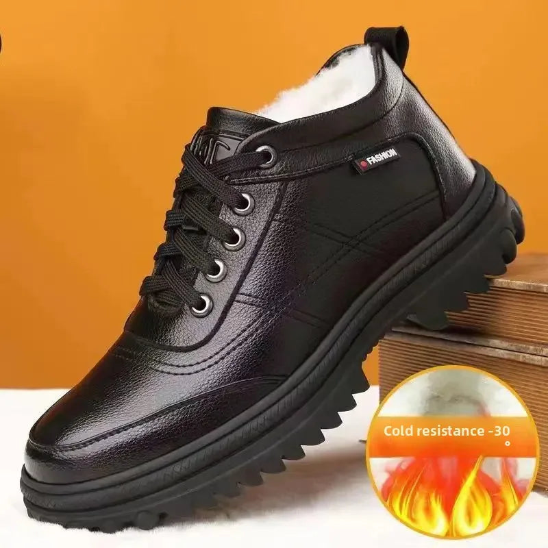 Men's High-Top Cotton Shoes Winter Thickened Fleece Anti-slip Warm Casual Fashion Outdoor Snow Boots Breathable Leather