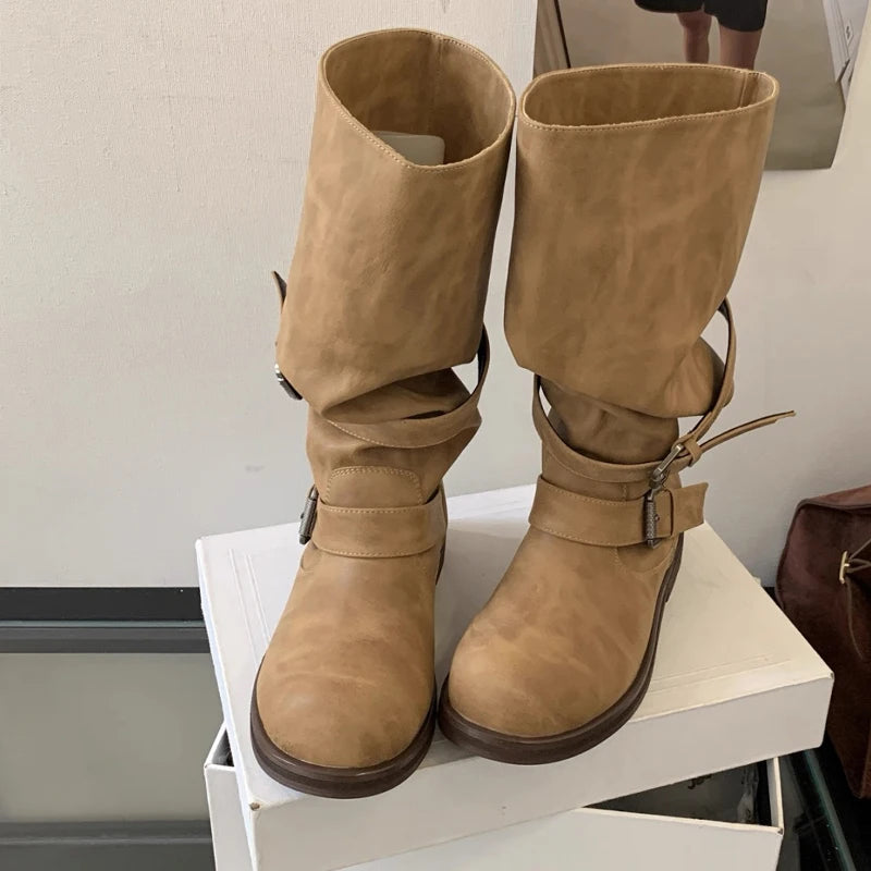 Women's Long Boots Fashion Dress Flats Shoes for Woman Designer Winter Motorcycle Boots 2025 Goth Chelsea Botas De Mujer Shoes