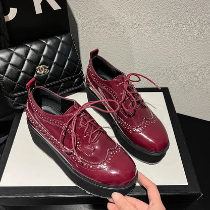 Ochanmeb Big Size 48 Women Patent Leather Brogues High Heels Derby Shoes Platforms Laser Cutout Oxfords Fashion Ladies Pumps Red