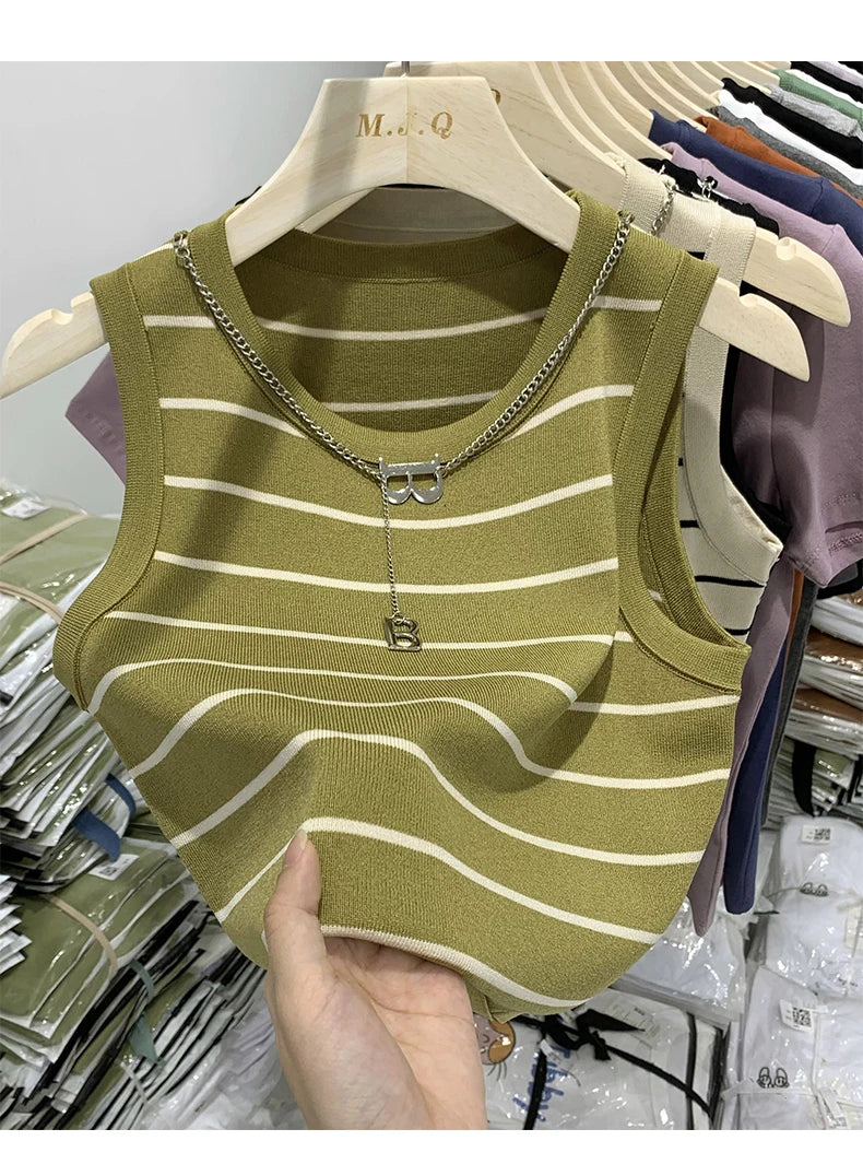 AOSSVIAO 2026 New Waistcoat Women Wear Striped Wide Edge Temperament Summer Top Short Knit Sleeveless Bottom Shirt