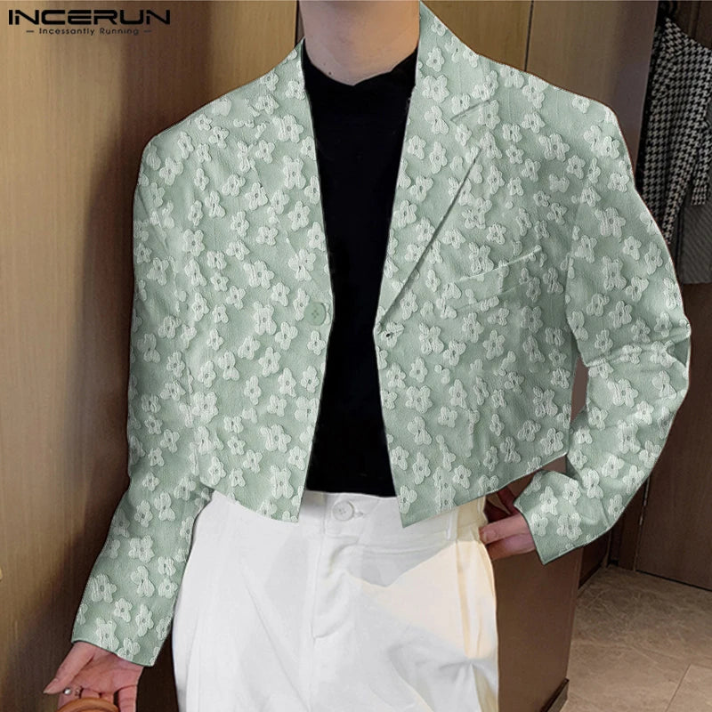 INCERUN Men Blazer Flower Jacquard Lapel Long Sleeve Crop Coats Men Streetwear Autumn 2025 One Button Fashion Casual Male Suit