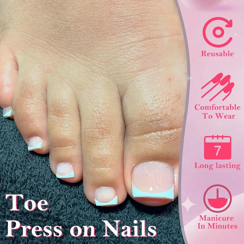 120Pcs Chic French Tip Nails Set Short French Tip Toenail Press Glossy Square Fake Toe Nails Full Cover Luxury Press On Toenails